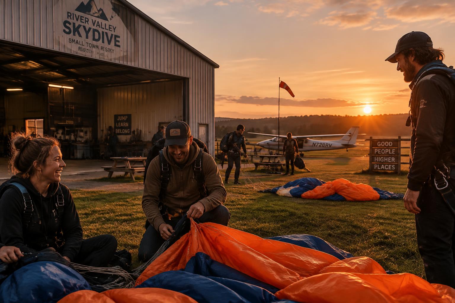 Jumpers packing orange and blue parachutes outside a hangar at sunset