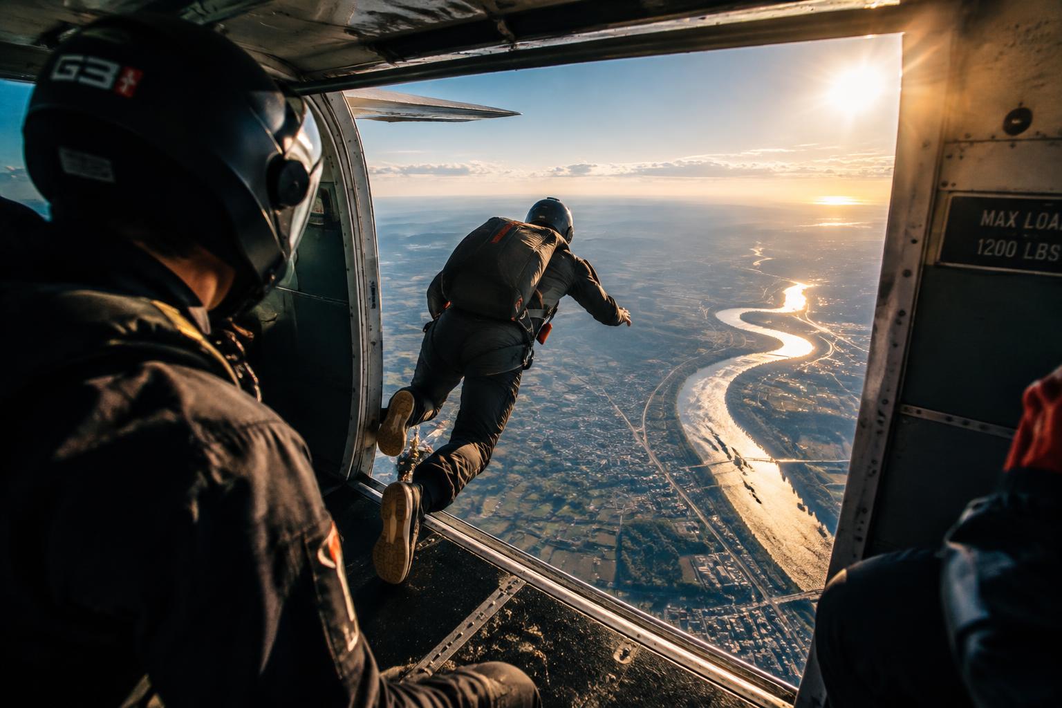 View out the open door of a skydiving plane over the river valley